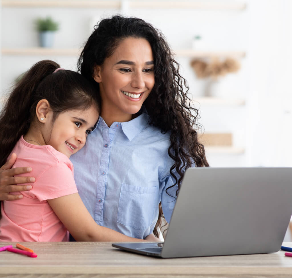 remote study mom and little daughter using laptop 02